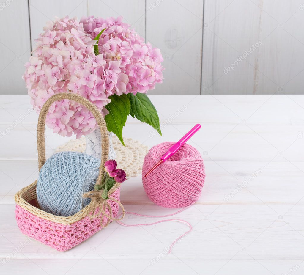 Yarn for crochet and  basket for handmade in shabby chic style