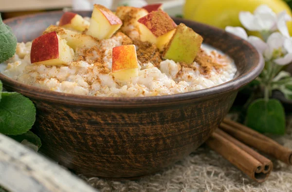 Oatmeal with apple and cinnamon in the ceramic bowl — Stock Photo, Image