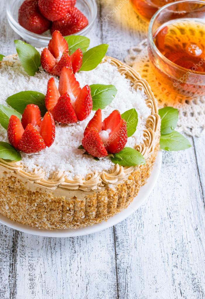 Celebratory cake with strawberry flowers and tea — Stock Photo © Julia ...