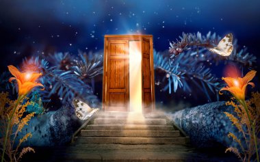 Büyülü peri masalı ormanı, sihirli bir kapı ve merdivenlerle kapının dışındaki gizemli parlak ışığa, zambaklara, ışınlara ve uçan sihirli kelebeklere açılıyor..