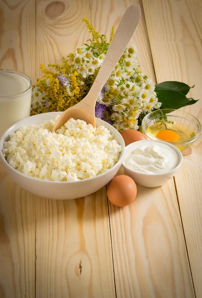 Cottage kaas en andere ingrediënten op de weide bloemen backg — Stockfoto