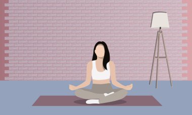 Kız evde meditasyon yapıyor. Rahatlamak için. Kendini sev. Akıl sağlığı konsepti. Meditasyon. Sağlık hizmetleri. İç ahenk.