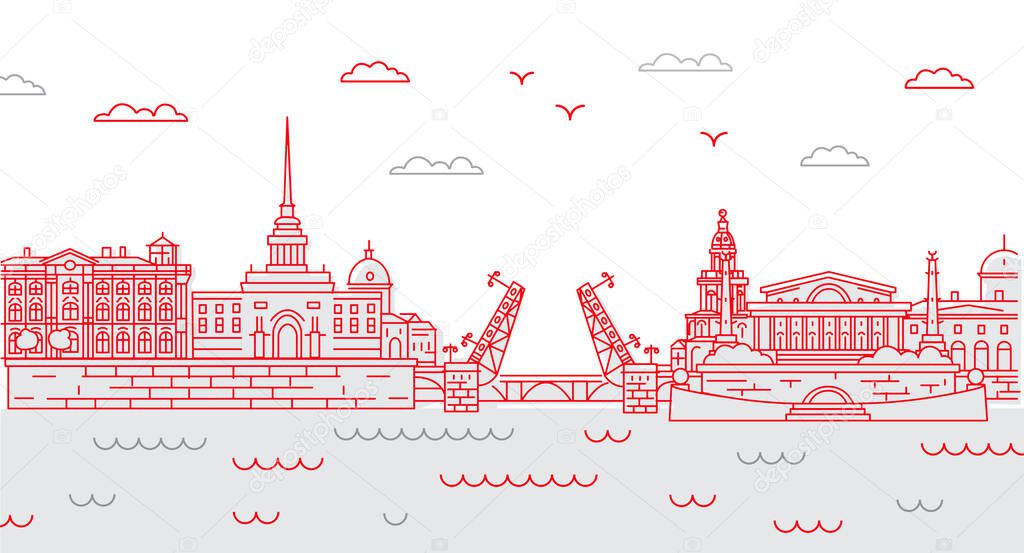 Vector image of the main sights of St. Petersburg  The Winter Palace, the Hermitage, the Spit of Vasilievsky Island, the Admiralty, the drawbridge. Bank of the Neva River.