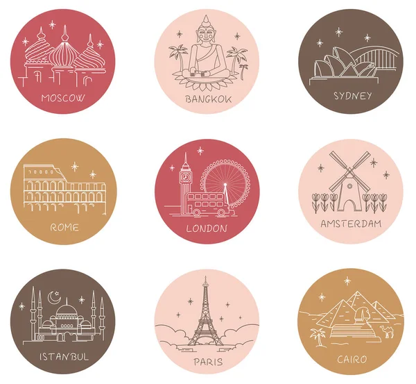 Dünyanın başkentinin vektör simgeleri. Paris, Roma, Bangkok, Moskova, Sydney, Kahire, İstanbul, Amsterdam, Londra.