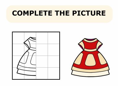 Resmi tamamla. Boyama kitabı. Çocuklar için eğitici bir oyun. Kırmızı elbisenin çizgi film vektör çizimi.