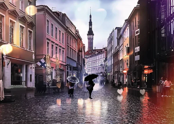 Autumn Rainy evening street people walk with umbrellas night light blur on pavement in Tallinn Old Town Estonia travel to Europe