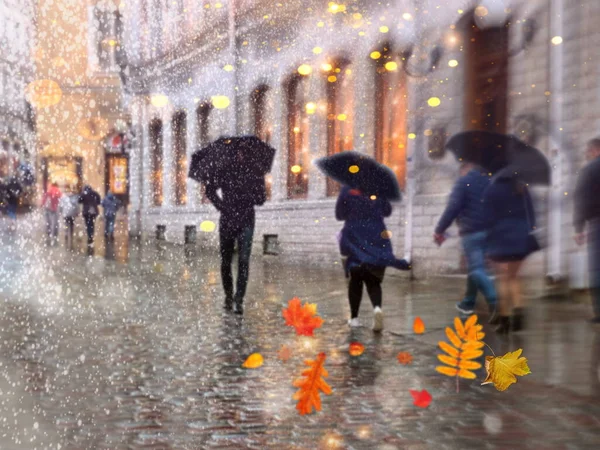 People Walk Umbrellas Windy Rainy Autumn Day Street Tallinn Old — Stock Photo, Image