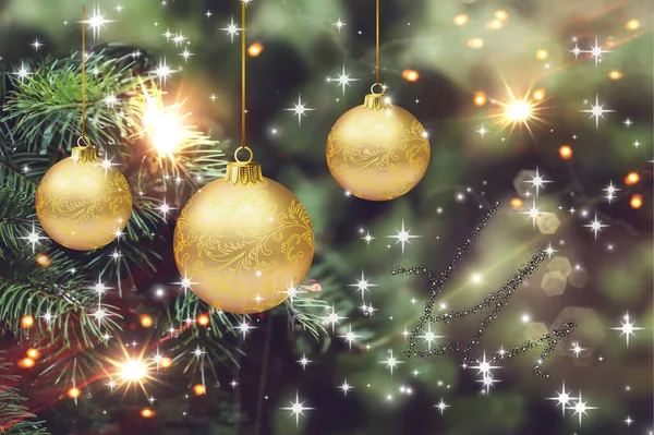 Ramo Árvore Natal Com Bola Colorida Confete Dourado Iluminação Turva — Fotografia de Stock
