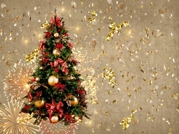 カラフルなボールと金色のコンフェッティぼやけたイルミネーションの光の休日の挨拶カードの休日の背景テンプレートとクリスマスツリーブランチ — ストック写真