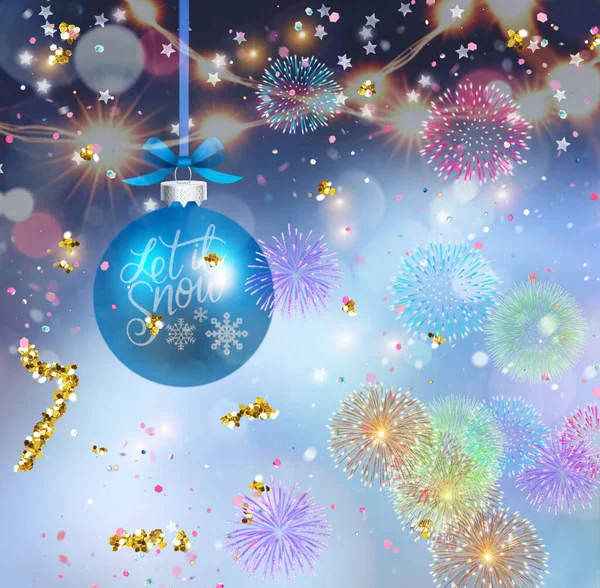 Branche Arbre Noël Avec Boule Colorée Confettis Dorés Illumination Floue — Photo