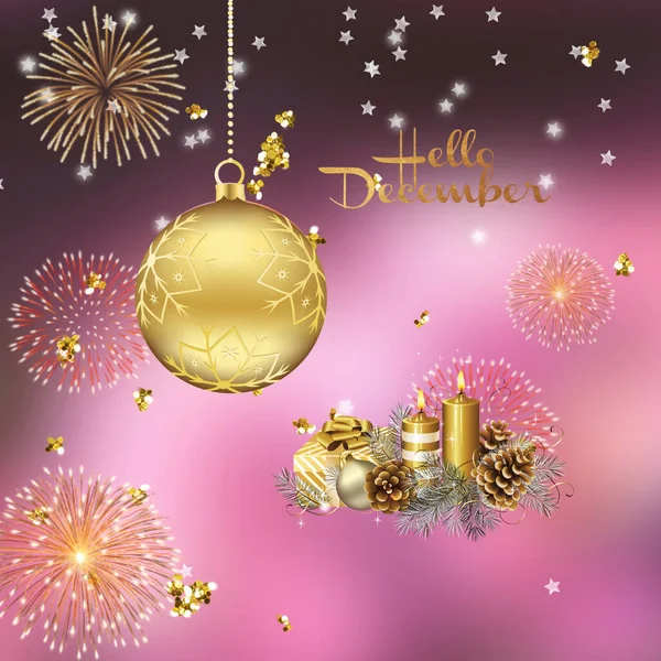 Kerstboom Tak Met Kleurrijke Bal Gouden Confetti Wazig Verlichting Licht — Stockfoto
