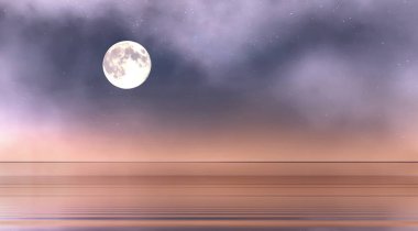 Yıldızlı gökyüzü ve dolunay gecesi dramatik bulutlu gökyüzü nebulası mavi su üzerinde ay ışığı yansıması doğa manzarası