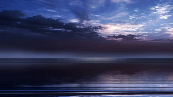 Νύχτα Δραματικό Νεφέλωμα Συννεφιασμένο Ουρανό Στη Θάλασσα Μπλε Νερό Φως — Φωτογραφία Αρχείου