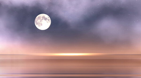 Pink lilac sunset on cloudy starry sky and full moon night dramatic cloudy sky nebula at sea on blue water moonlight reflection seascape ,nature landscape seascape ,background weather worecast