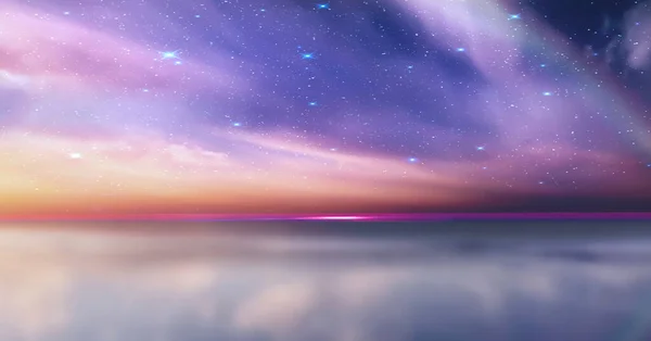 pink  lilac sunset on cloudy starry sky and full moon night  dramatic cloudy  sky  nebula  at sea on  blue water moonlight reflection  seascape ,nature landscape seascape ,background weather worecast