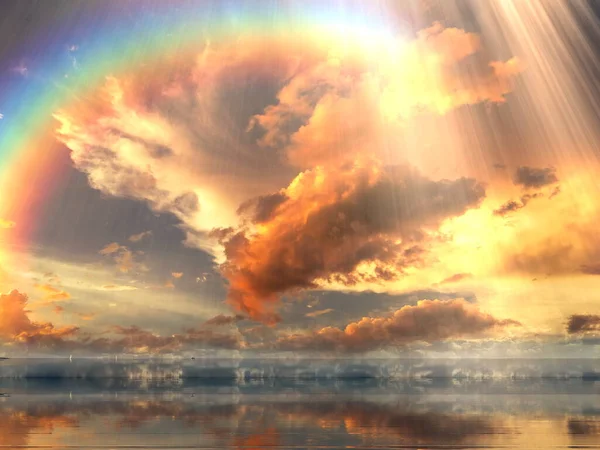 Rainbow Colorful Sunset Blue Pink Sky Yellow Clouds Skyline Water — Stockfoto