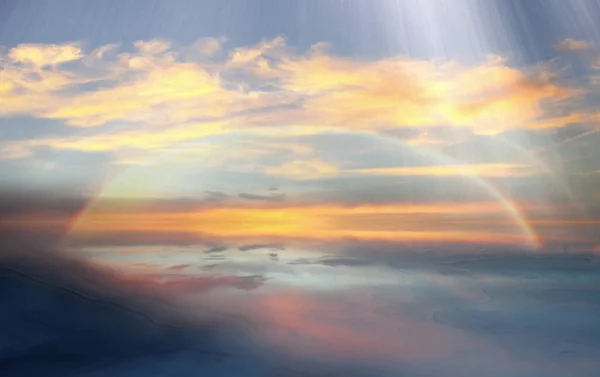 Goud Zonsondergang Roze Blauw Kleurrijke Hemel Wit Pluizige Wolken Zee — Stockfoto