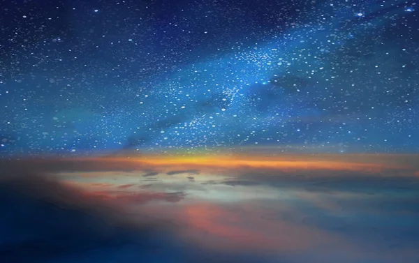 Estrelado Noite Azul Lua Céu Nublado Pôr Sol Luz Reflexão — Fotografia de Stock