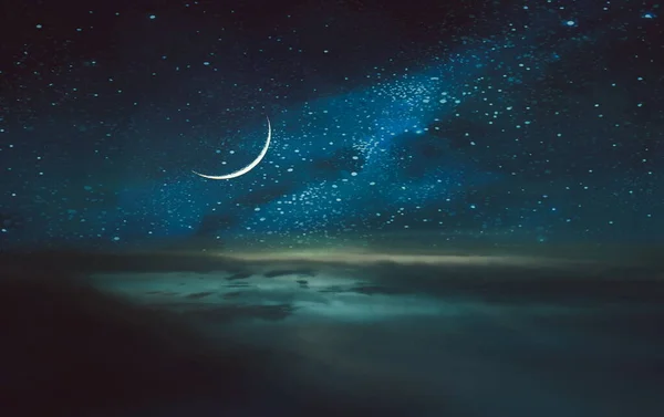 Звездная Ночь Голубое Лунное Облачное Небо Закат Солнечный Свет Отражение — стоковое фото