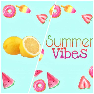 açık yeşil yazlık metin alanı, arka plan, kolaj, pankart üzerinde kırmızı kavun pembe çilek egzotik meyveler ve dondurma 