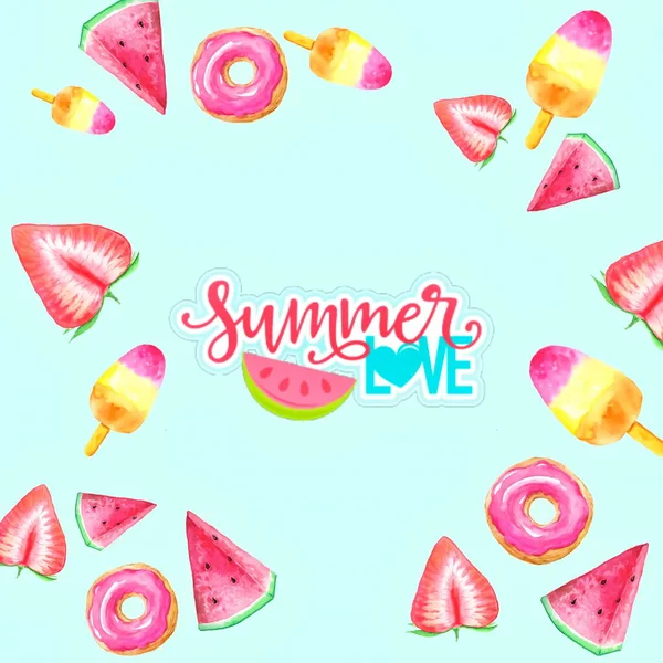 红色甜瓜柠檬粉红草莓异国情调水果冰淇淋浅绿色夏季文本复制空间 横幅模板 — 图库照片
