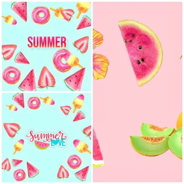 红色甜瓜柠檬粉红草莓异国情调水果冰淇淋浅绿色夏季文本复制空间 横幅模板 — 图库照片