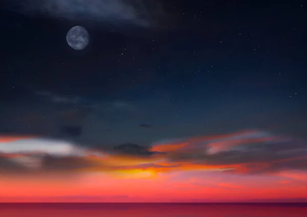 Vollmond Bei Sonnenuntergang Nacht Sternenhimmel Reflexion Auf Meer Wasser Blau — Stockfoto