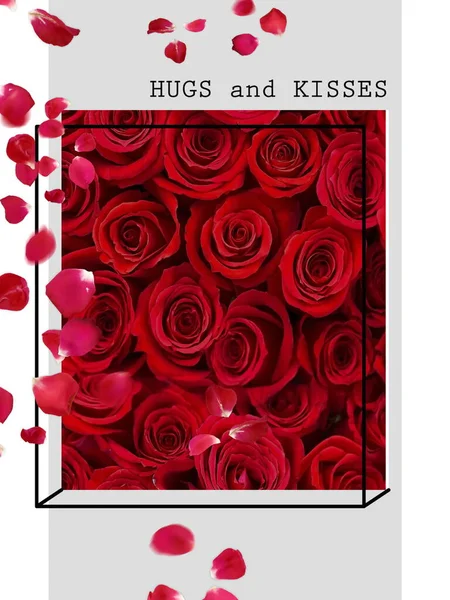 Vörös Rózsa Szirom Fehér Háttér Valentin Napi Üdvözlet Szöveg Szív — Stock Fotó
