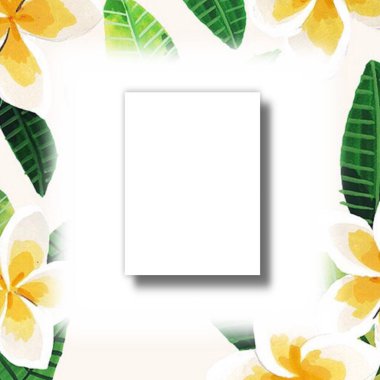 Beyaz davetiyeli tebrik kartı bir canavar yaprağı ve çiçeklerle süslenmiş sevgililer günü, düğün, mevsimlik fotokopi alanı şablonu 