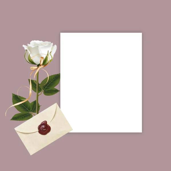White Invitation Greetings Card Mockup Monstera Leaf Flowers Roses Valentine — Stock Photo, Image