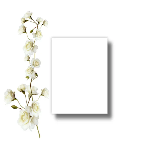 Mockup Cartão Cumprimentos Convite Branco Com Uma Folha Monstera Flores — Fotografia de Stock