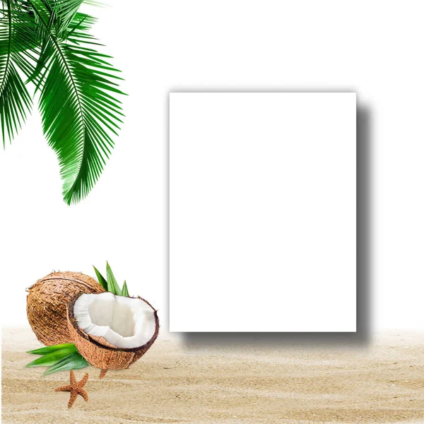 Tropical Flowers Summer White Invitation Greetings Card Mockup Monstera Leaf — Stock Photo, Image