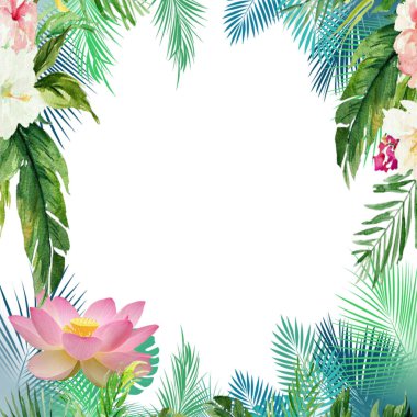 Tropikal palmiye yaprağı ve çiçekler beyaz ve pembe yaz davetiye kartı, afiş, şablon kopyalama alanı modeli