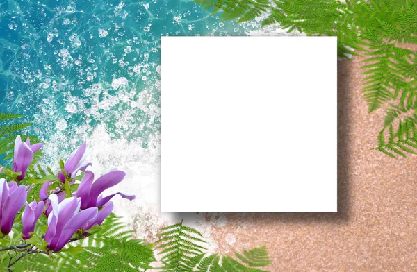 Tropical Blue Sea Beach Palm Leaf Flowers Summer Invitation Card — Stock Photo, Image