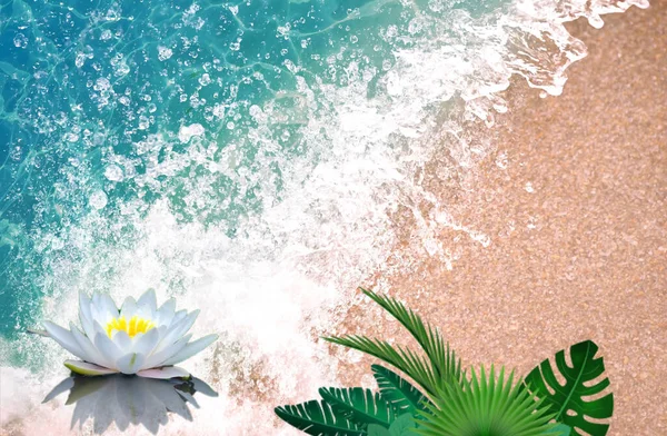 Tropikalny Niebieski Morze Plaża Palma Liść Kwiaty Lato Zaproszenie Karta — Zdjęcie stockowe