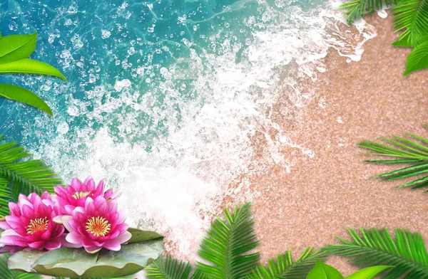 Tropical Azul Mar Praia Palmeira Folha Flores Verão Convite Cartão — Fotografia de Stock
