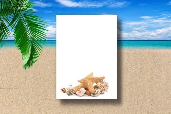 Tropické Modré Moře Pláž Palmový List Květiny Letní Text Pozvánka — Stock fotografie