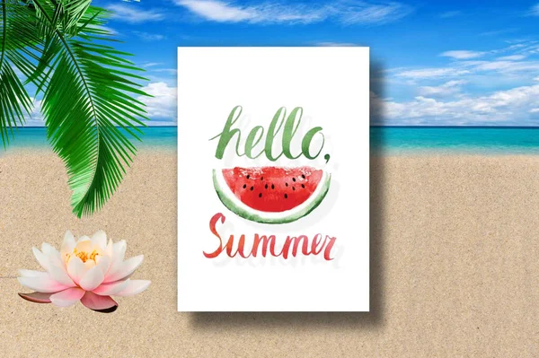 Tropisch Blau Meer Strand Palmenblatt Und Blumen Sommer Text Einladungskarte — Stockfoto