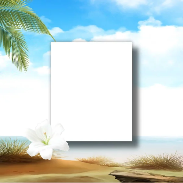 Tropische Blauwe Hemel Zee Strand Palmblad Bloemen Zomer Tekst Uitnodiging — Stockfoto