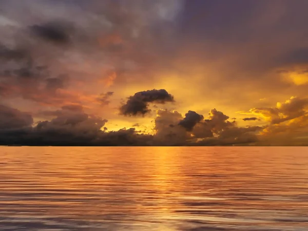 orange gold sunset at sea  reflection on water wave ,dramatic fluffy clouds at evening sky  and green grass on field  nature landscape