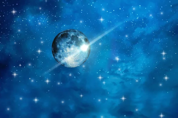 Universum Och Planet Natt Stjärnklar Himmel Måne Kosmisk Nebulosa Facklor — Stockfoto