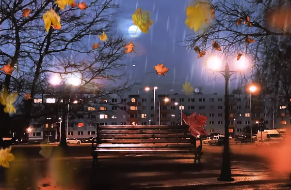 Rainy Autumn Evening City Park Street Lamp Light Wooden Bench — Stock Photo, Image