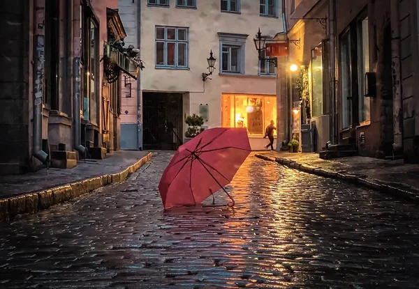 Ville Nuit Pluvieuse Rue Ville Pluvieuse Floue Parapluie Rose Soir — Photo