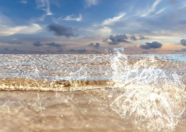 Tropical Seascape Blue Sky Sea Water Splash Palm Leaves Planrts — Stock fotografie