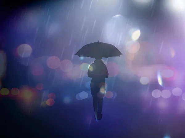 Yağmurlu Sokaklar Yağmurun Altında Şemsiyesi Olan Insanların Akşam Siluetlerini Bulanıklaştırdı — Stok fotoğraf