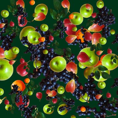 Çeşit çeşit üzümlü elma armudu yeşil lacivert turuncu sarı yeşil arka planda sağlıklı yiyecek.