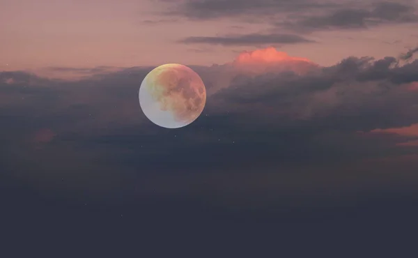 Ροζ Φεγγάρι Στον Έναστρο Ουρανό Στο Χρυσό Κίτρινο Ηλιοβασίλεμα Θαλασσογραφία — Φωτογραφία Αρχείου