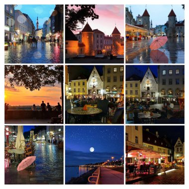  Tallinn Eski kasaba sokağı ortaçağ kenti Estonya 'da sonbahar yağmurlu soğuk sonbahar yağmurlu kış mevsimi Baltık panorama sokak fotoğrafçılık kolajı, insanlar asfalt, pankart, şablon ile bulanık şehir ışığıyla yürür 