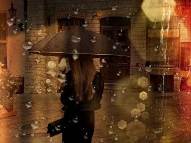  Ortaçağ caddesinde siyah şemsiyeli yağmur yağan kadınlar. Pencere camında yağmur damlaları. Yağmurlu bir akşam. 
