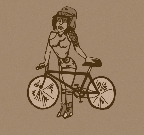 Hipster girl by bike vintage — Stock Photo, Image